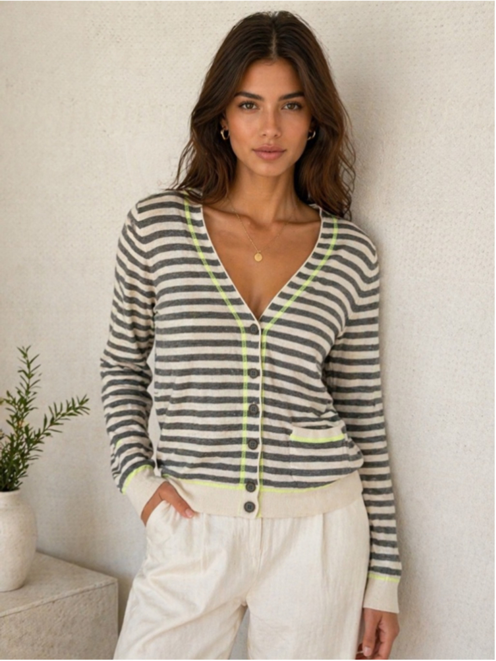 Forever 21 Striped Cardigan Neon Trim V Neck Button Front Grey Cream Size L